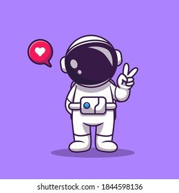 Cute Astronaut With Hand Peace Cartoon Vector Icon Illustration. Space Technology Icon Concept Isolated Premium Vector. Flat Cartoon Style