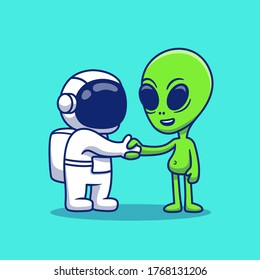 Cute Astronaut Hand Shake With Alien Cartoon Vector Icon Illustration. Space Icon Concept Isolated Premium Vector. Flat Cartoon Style 