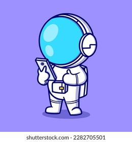 Cute astronaut with handphone cartoon icon illustration