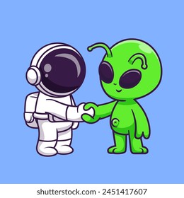 Cute Astronaut Handshake With Alien Cartoon Vector Icon Illustration. Science Technology Icon Concept Isolated Premium Vector. Flat Cartoon Style