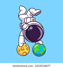Cute Astronaut Handstand On Earth And Moon Cartoon Vector Icon Illustration. Science Sport Icon Concept Isolated Premium Vector. Flat Cartoon Style