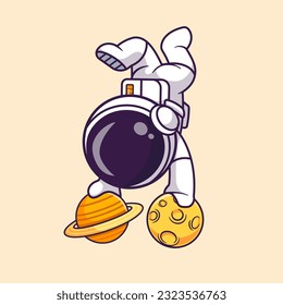 Cute Astronaut Handstand On Planet Moon Cartoon Vector Icon Illustration. Science Sport Icon Concept Isolated Premium Vector. Flat Cartoon Style