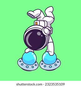 Cute Astronaut Handstand On Ufo Cartoon Vector Icon Illustration. Science Sport Icon Concept Isolated Premium Vector. Flat Cartoon Style