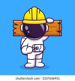 Cute Astronaut Handyman Holding Wood Cartoon Vector Icon Illustration. Science Building Icon Concept Isolated Premium Vector. Flat Cartoon Style