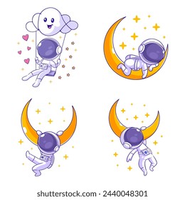 Cute astronaut hanging from the moon, cartoon style set