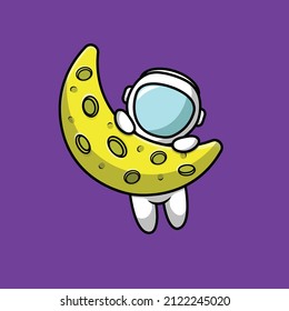 Cute Astronaut Hanging On The Moon Cartoon Vector Icon Illustration. Science Technology Icon Concept Isolated Premium Vector. Flat Cartoon Style