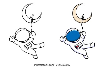 cute astronaut hanging on the moon coloring page for kids