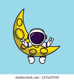 Cute Astronaut Hanging On Moon With Peace Hand Cartoon Vector Icon Illustration. Science Technology Icon Concept Isolated Premium Vector.