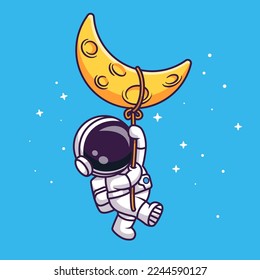 Cute Astronaut Hanging On Moon With Rope Cartoon Vector Icon Illustration. Science Technology Icon Concept Isolated Premium Vector. Flat Cartoon Style