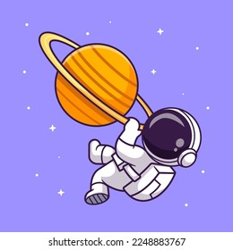 Cute Astronaut Hanging On Planet Cartoon Vector Icon Illustration. Science Technology Icon Concept Isolated Premium Vector. Flat Cartoon Style