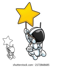 Cute Astronaut Hanging On The Star With Black And White Line Art Drawing, Science Outer Space, Vector Character Illustration, Outline Cartoon Mascot Logo In Isolated White Background