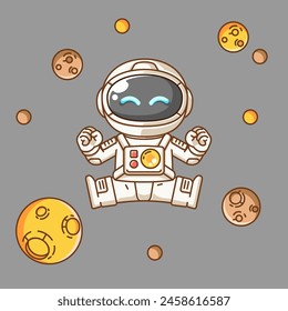 Cute astronaut happy flying in space kawaii chibi character mascot illustration outline style set