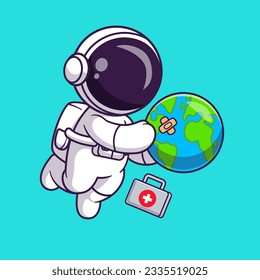 Cute Astronaut Heal Earth World Globe With First Aid Box Cartoon Vector Icon Illustration. Science Technology Icon Concept Isolated Premium Vector. Flat Cartoon Style
