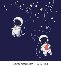 cute astronaut with heart, moon and stars floating in space, card for love hand valentine's day, cosmic. vector/illustration/background/greeting card