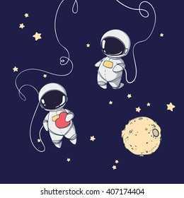 cute astronaut with heart, moon and stars floating in space, card for love hand valentine's day, cosmic. vector/illustration/background/greeting card