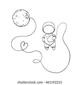 cute astronaut with heart, moon and stars floating in space. Coloring book with astronaut - vector illustration.