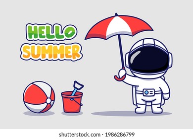Cute astronaut with hello summer greeting banner