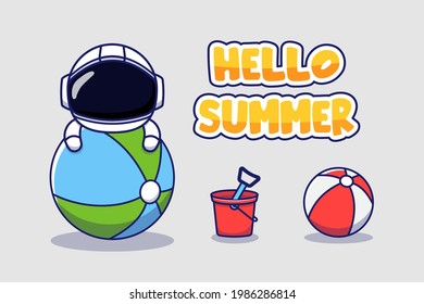 Cute astronaut with hello summer greeting banner