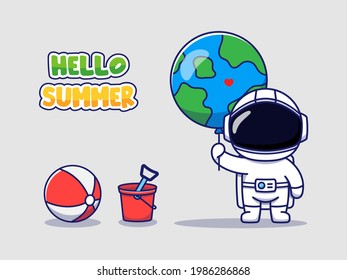 Cute astronaut with hello summer greeting banner