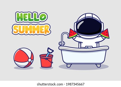 Cute astronaut with hello summer greeting banner