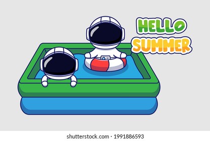 Cute astronaut with hello summer greeting banner