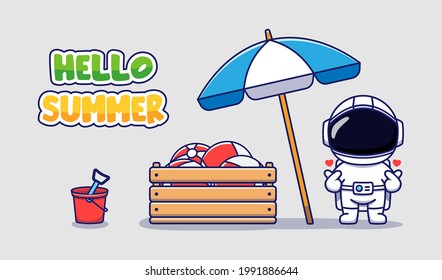 Cute astronaut with hello summer greeting banner