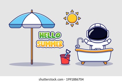 Cute astronaut with hello summer greeting banner