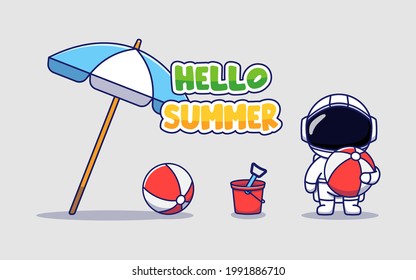 Cute astronaut with hello summer greeting banner