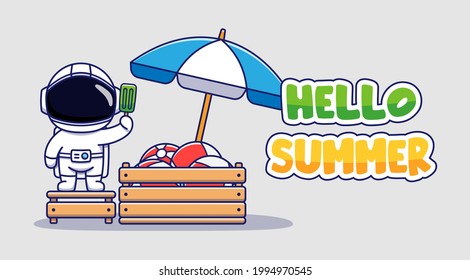 Cute astronaut with hello summer greeting banner