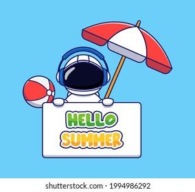 Cute astronaut with hello summer greeting banner