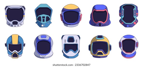 Juego de casco de astronauta. Cascos cósmicos espaciales de dibujos animados con pegatinas divertidas, avatares de nave espacial de universo plano para aplicación de chat de stickers. Colección de vectores. Disfraz de cosmonauta futurista