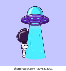 Cute Astronaut Hiding Behind UFO Cartoon Vector Icon Illustration Science Technology Icon Concept Isolated Premium Vector. Flat Cartoon Style