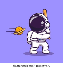 Cute Astronaut Hit Planet Ball With Baseball Stick Cartoon Vector Icon Illustration. Science Sport Icon Concept Isolated Premium Vector. Flat Cartoon Style