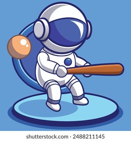 Cute Astronaut Hit Planet Ball With Baseball Stick Cartoon Vector Kawaii Icon Illustration. Science Sport Icon Concept Isolated Premium Vector. Flat Cartoon Style
