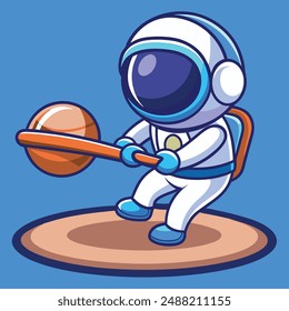 Cute Astronaut Hit Planet Ball With Baseball Stick Cartoon Vector Kawaii Icon Illustration. Science Sport Icon Concept Isolated Premium Vector. Flat Cartoon Style
