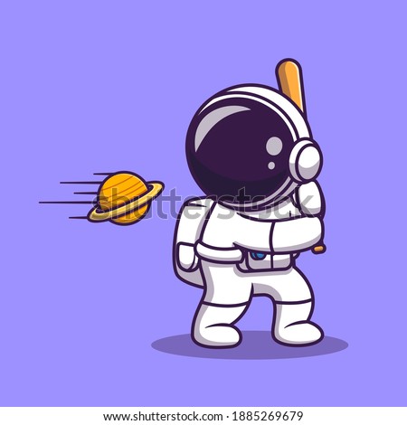 Cute Astronaut Hit Planet Ball With Baseball Stick Cartoon Vector Icon Illustration. Science Sport Icon Concept Isolated Premium Vector. Flat Cartoon Style