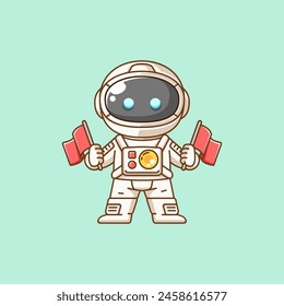 Cute astronaut hold flag kawaii chibi character mascot illustration outline style set