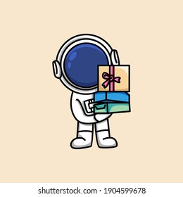 Cute astronaut hold gift box cartoon illustration