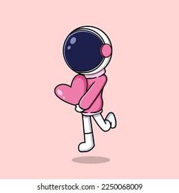 Cute Astronaut Hold on Heart Love Chibi Cartoon Vector Icon Illustration. Isolated Premium Vector. Flat Cartoon Style or Shirt Screen Printing, Web Landing Page, Banner, Flyer, Sticker, Card