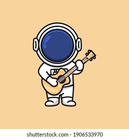 Cute astronaut holding acoustic guitar cartoon illustration