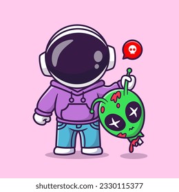 Cute Astronaut Holding Alien Head Cartoon Vector Icon Illustration. Science Holiday Icon Concept Isolated Premium Vector. Flat Cartoon Style