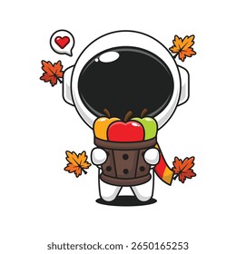 Cute astronaut holding a apple in wood bucket in autumn day cartoon vector illustration