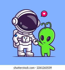 Cute Astronaut Holding Baby Alien Cartoon Vector Icon Illustration. Science Technology Icon Concept Isolated Premium Vector. Flat Cartoon Style