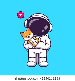 Cute Astronaut Holding Baby Shiba Inu Dog Pet Cartoon Vector Icon Illustration. Science Animal Icon Concept Isolated Premium Vector. Flat Cartoon Style