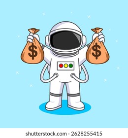 Cute Astronaut Holding Bags - Financial success of Money Vector Illustration Cartoon Design