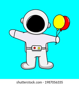 cute astronaut holding ballon, cartoon illustration