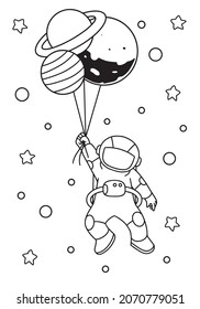 Cute astronaut holding balloon planet coloring book illustration vector the Concept of Isolated Technology. Flat Cartoon Style Suitable for Banners, Flyers, Stickers