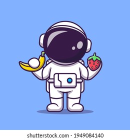 Cute Astronaut  Holding Banana And Strawberry Cartoon Vector Icon Illustration. Science Food Icon Concept Isolated Premium Vector. Flat Cartoon Style