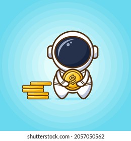 Cute astronaut holding a big coin and standing beside a pile of coins in blue background