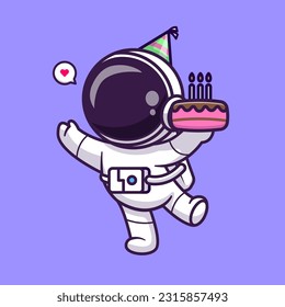 Cute Astronaut Holding Birthday Cake Cartoon Vector Icon Illustration. Science Food Icon Concept Isolated Premium Vector. Flat Cartoon Style